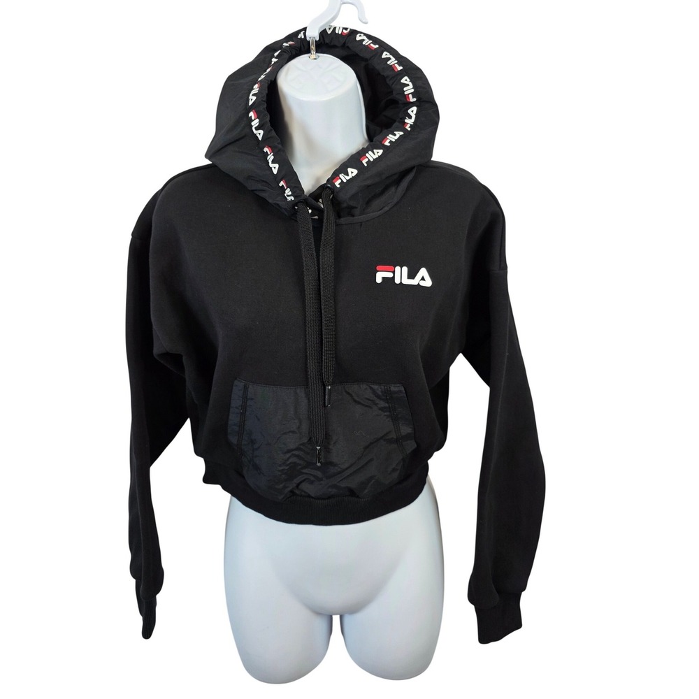 FILA Black Cropped Hoodie Athletic Logo Print Sweatshirt Women Small /B190
